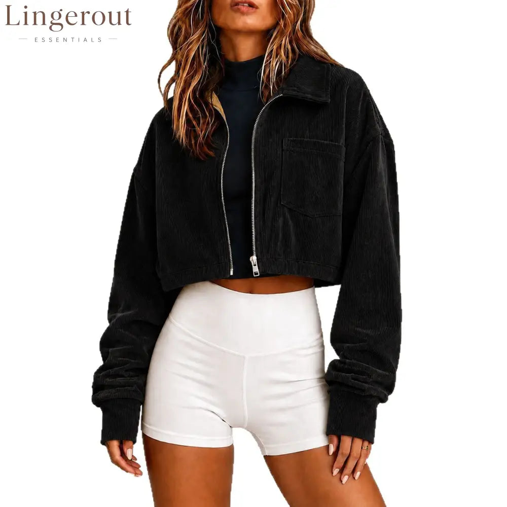 Zip‑Up Collared Corduroy Cropped Jacket With Chest Pocket