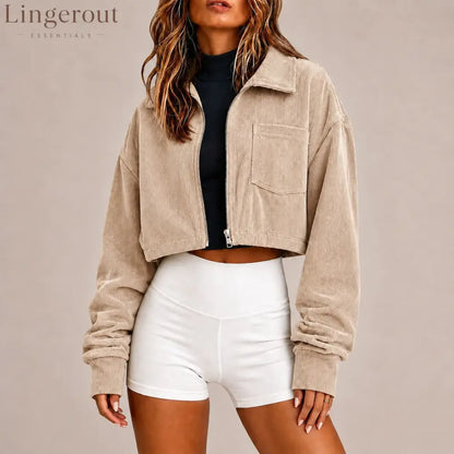 Zip‑Up Collared Corduroy Cropped Jacket With Chest Pocket - Apricot / S