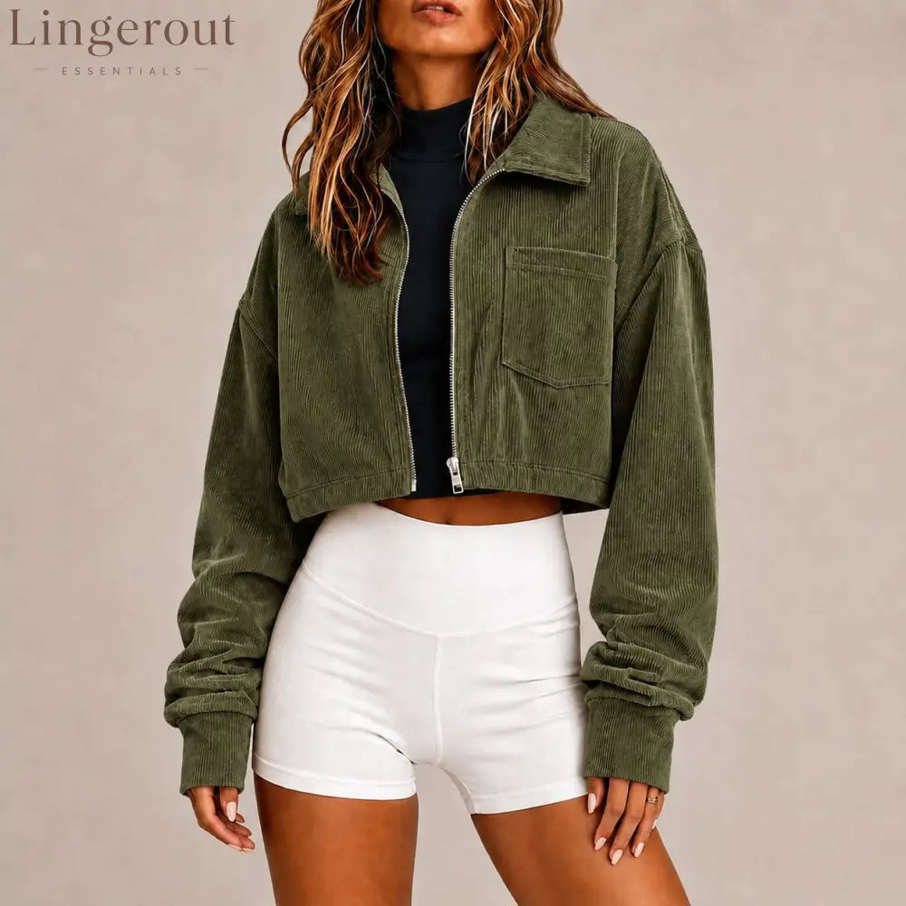 Zip‑Up Collared Corduroy Cropped Jacket With Chest Pocket - Army green / S