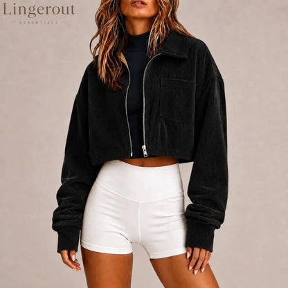 Zip‑Up Collared Corduroy Cropped Jacket With Chest Pocket - Black / S