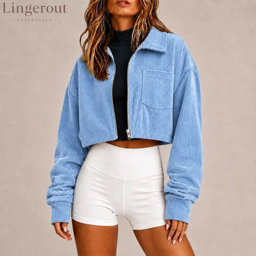 Zip‑Up Collared Corduroy Cropped Jacket With Chest Pocket - Blue / S