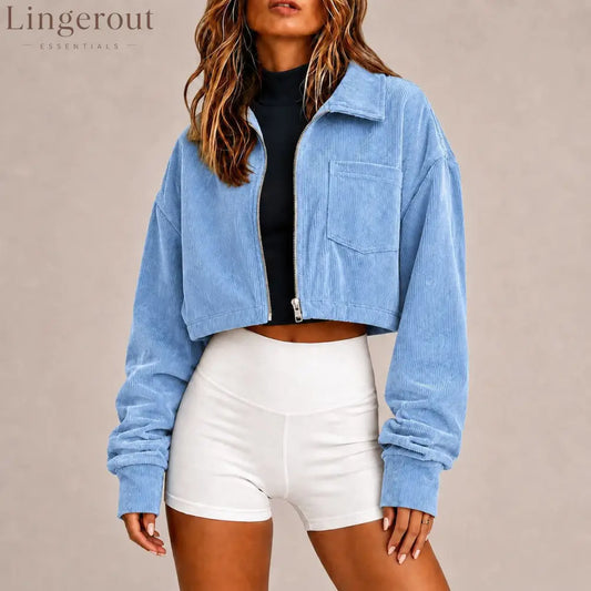 Zip‑Up Collared Corduroy Cropped Jacket With Chest Pocket - Blue / S