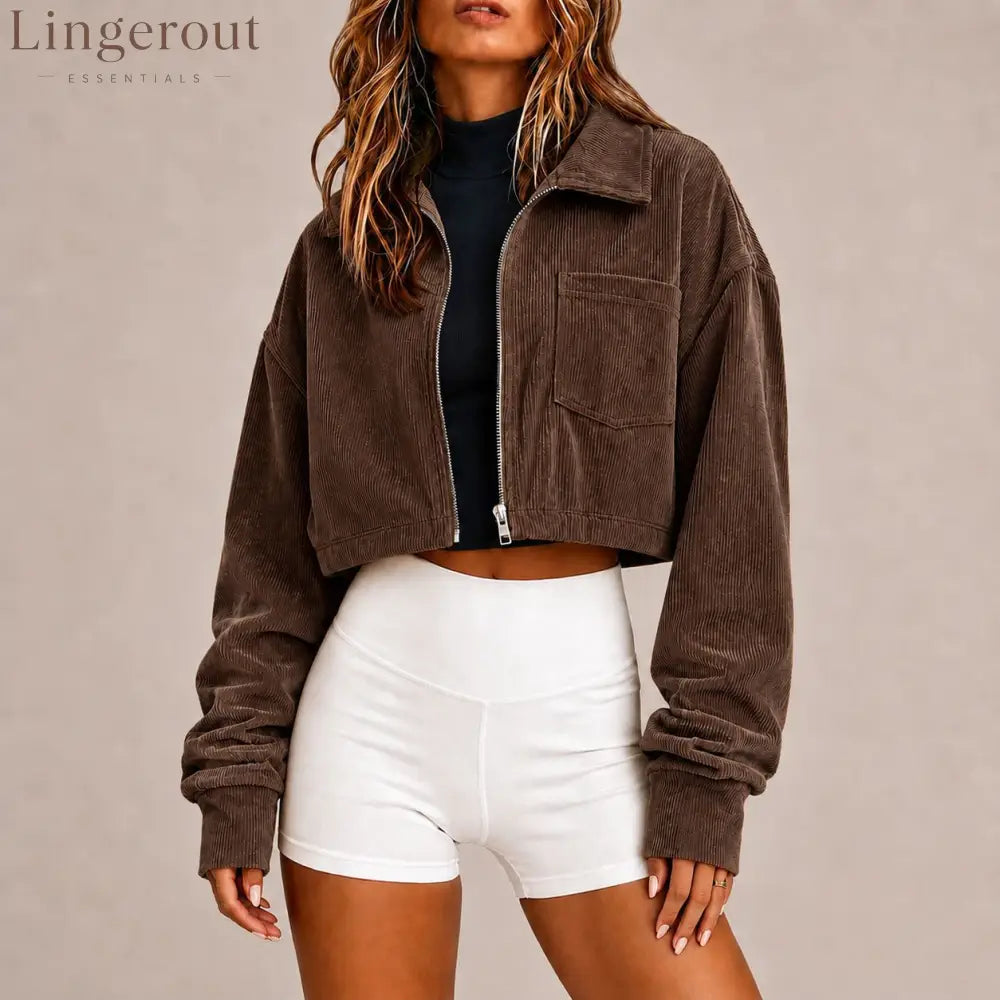 Zip‑Up Collared Corduroy Cropped Jacket With Chest Pocket - Brown / S