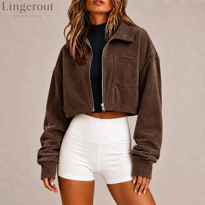 Zip‑Up Collared Corduroy Cropped Jacket With Chest Pocket - Brown / S
