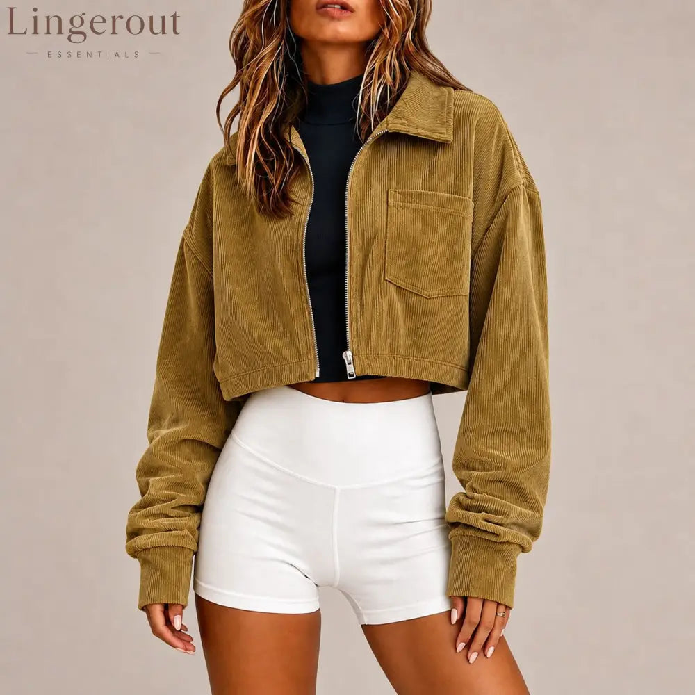 Zip‑Up Collared Corduroy Cropped Jacket With Chest Pocket - Earthy yellow / S
