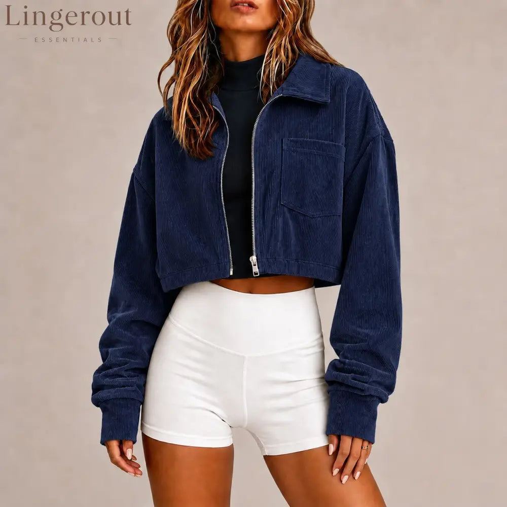 Zip‑Up Collared Corduroy Cropped Jacket With Chest Pocket - Navy blue / S