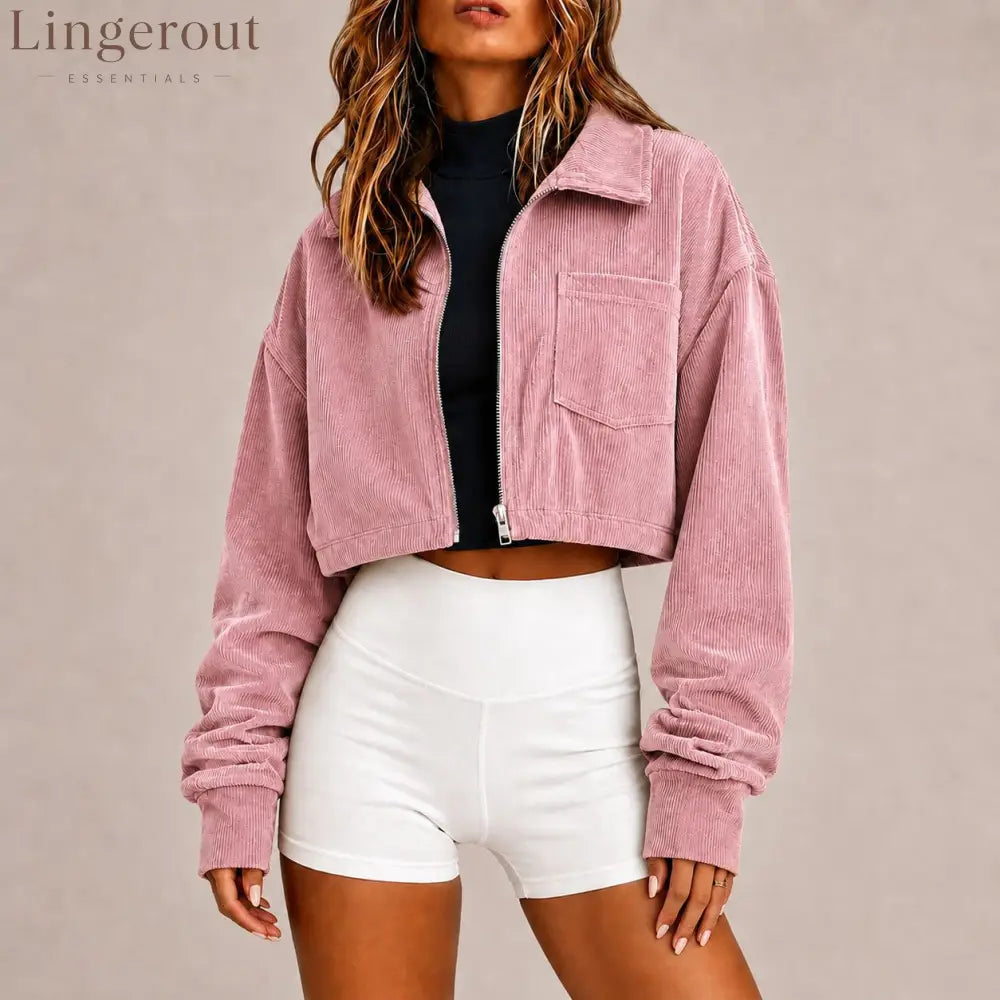 Zip‑Up Collared Corduroy Cropped Jacket With Chest Pocket - Pink / S