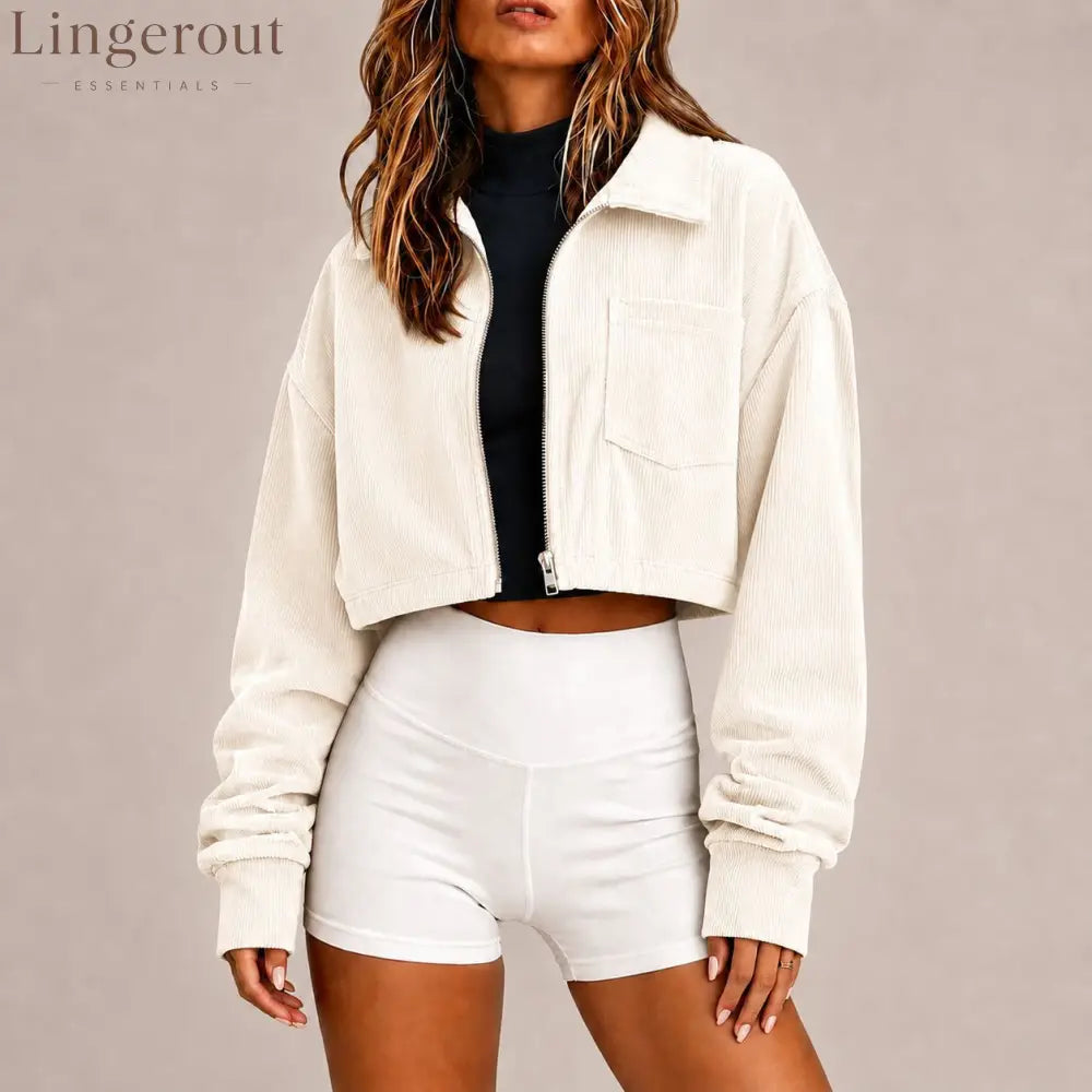 Zip‑Up Collared Corduroy Cropped Jacket With Chest Pocket - White / S