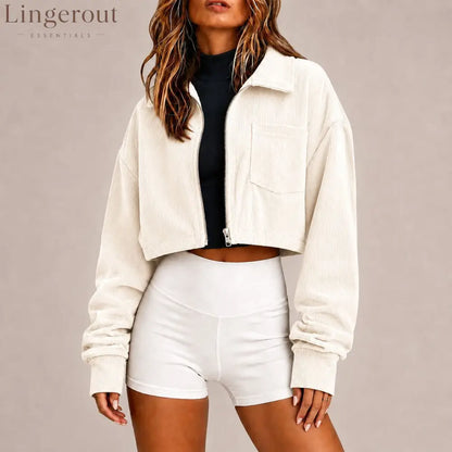 Zip‑Up Collared Corduroy Cropped Jacket With Chest Pocket - White / S