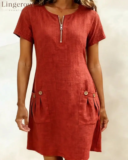 Zipper Pocket Cotton Linen Dress