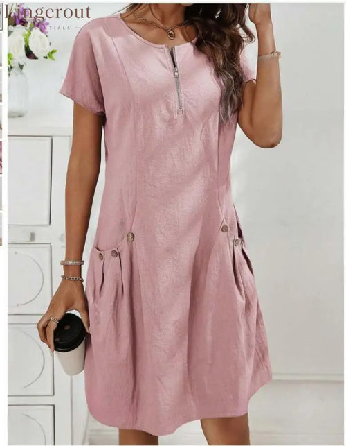 Zipper Pocket Cotton Linen Dress - Pink / S