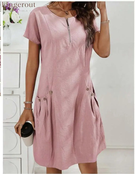 Zipper Pocket Cotton Linen Dress - Pink / S